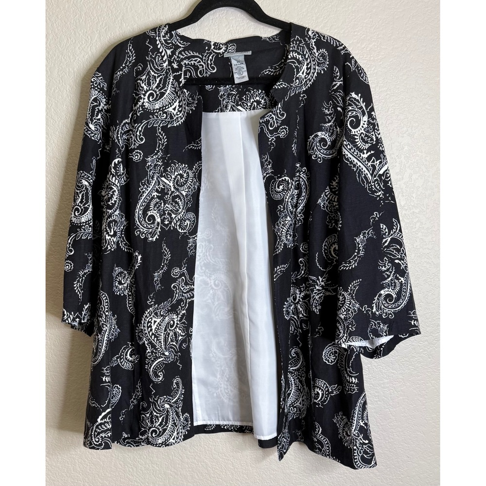 Catherines Womens 2X Black Paisley Open Front Linen Blend Jacket 3/4 Sleeve Chic